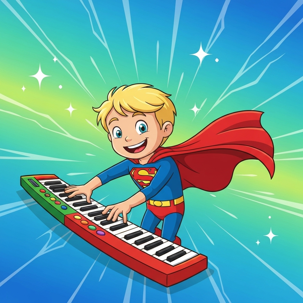 Criança tocando teclado com capa de super-herói